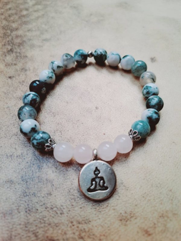 Bracelet, pierres Agate arbre et quartz rose (8mm), de qualité AA, et bijou en argent
