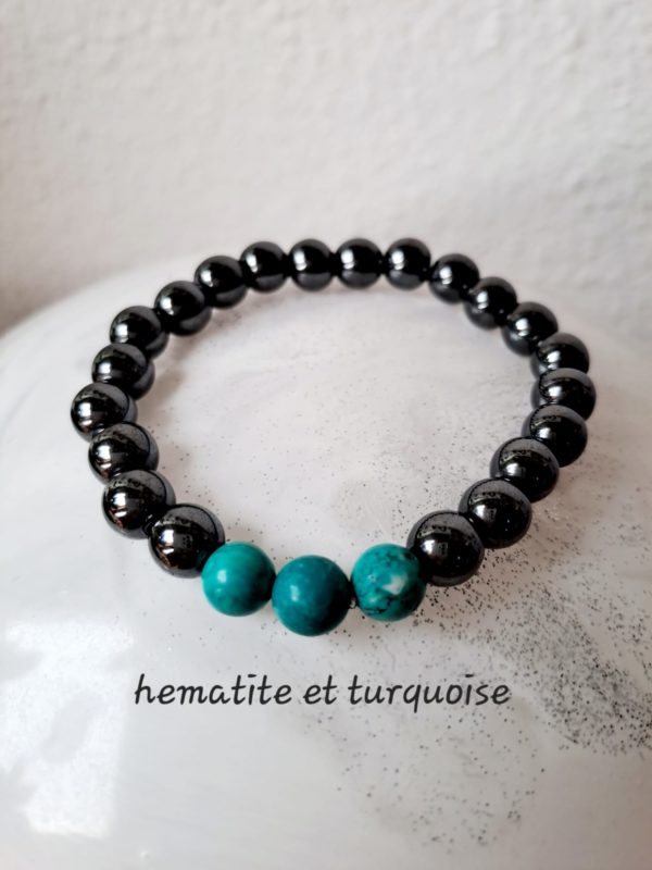 Bracelet de pierres semi-précieuses, turquoise et hématite (qualité A) - 8 mm