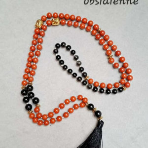 Collier mala - jaspe rouge et obsidienne - 6 mm décorateurs en plaqué or et pompon