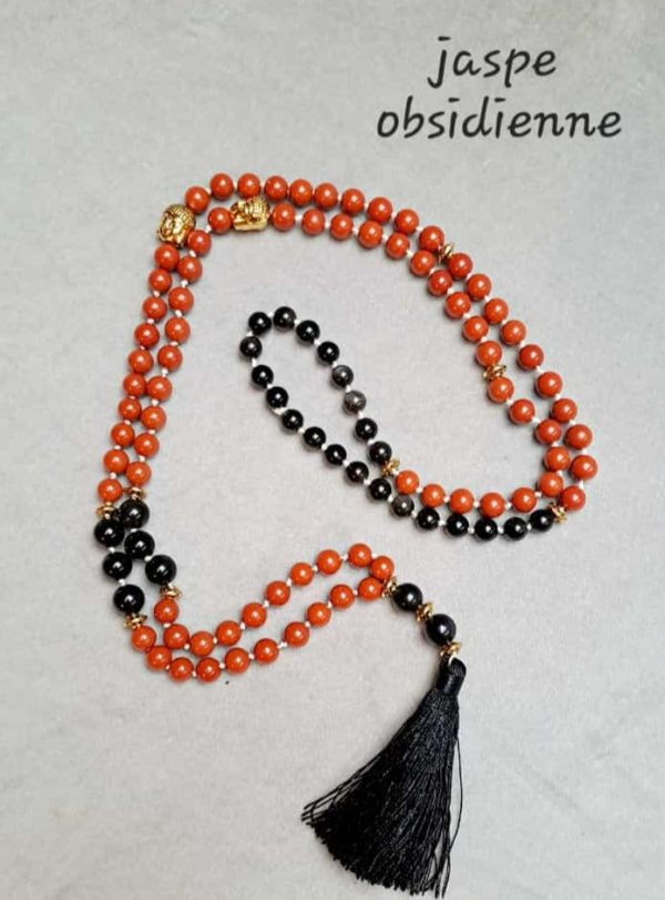 Collier mala - jaspe rouge et obsidienne - 6 mm décorateurs en plaqué or et pompon