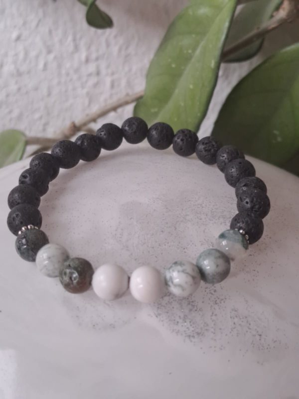 Bracelet, pierres Agate arbre et pierre de lave et howlite (8mm), de qualité AA