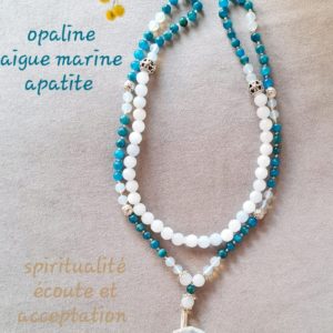 Collier mala - apatite bleue, opaline verre - 6 mm et aigue-marine 8 mm, lune en argent et opaline