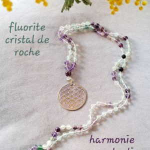 Collier mala - fluorite multicolore et cristal de roche - 6 mm et fleur de vie en argent