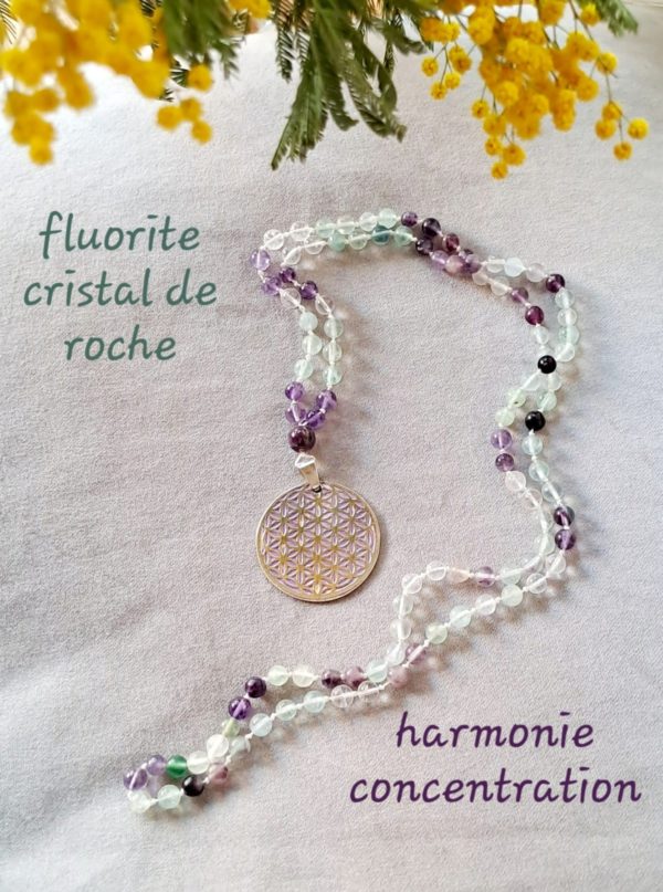 Collier mala - fluorite multicolore et cristal de roche - 6 mm et fleur de vie en argent
