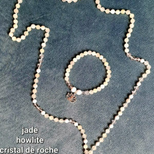 Mala de pierres semi-précieuses jade, howlite, cristal de roche (qualité AA) - 6 mm - pendentif en argent