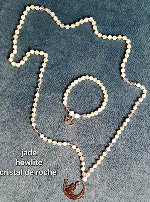 Mala de pierres semi-précieuses jade, howlite, cristal de roche (qualité AA) - 6 mm - pendentif en argent
