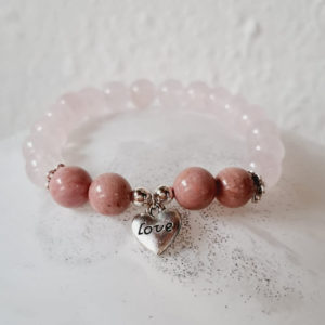 Bracelet de pierres semi-précieuses de rhodonite et quartz rose (qualité AA) - 8 mm et séparateur et bijou argent