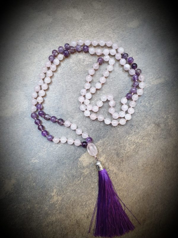 Collier mala, pierres quartz rose et améthyste