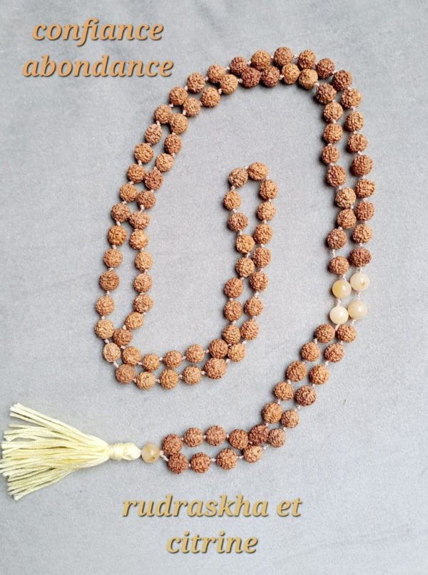 Mala rudraskha et pierres semi-précieuses citrine (8mm, qualité AA)