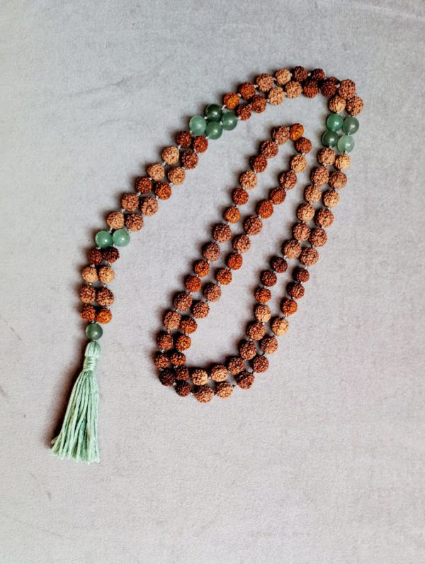 Mala rudraskha et pierres semi-précieuses aventurine verte (8mm, qualité A)