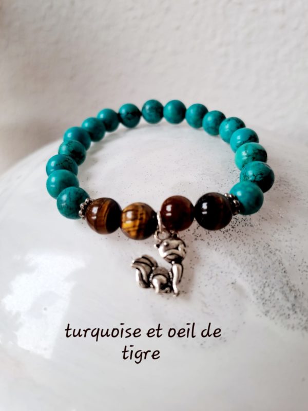 Bracelet oeil de tigre et turquoise avec bijou (renard) (qualité A) - 8 mm